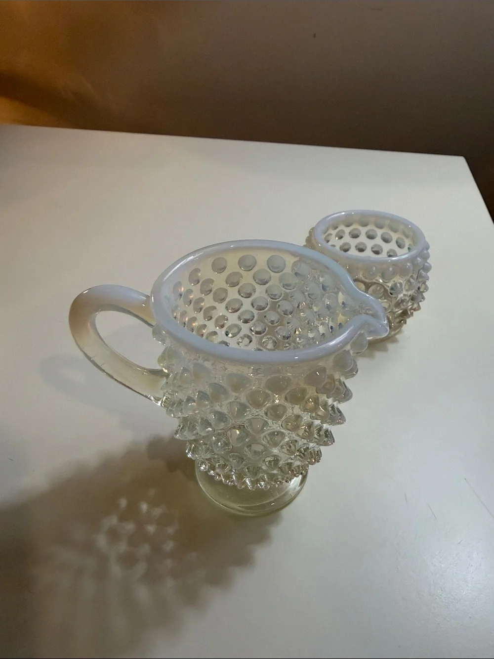 Hobnail Glass Creamer and Sugar Set - Opalescent White
